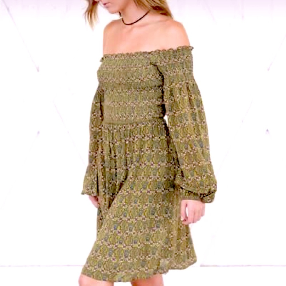 Off-the-Shoulder • Smocked bust • Boho Olive Dress